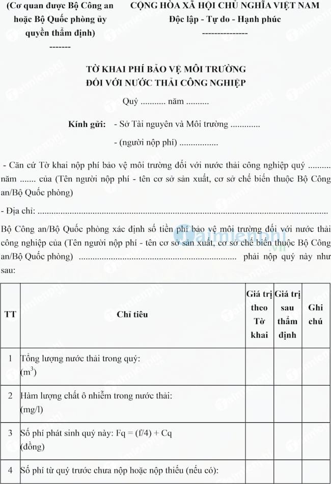 Mẫu tờ khai phí bảo vệ môi trường đối với nước thải công nghiệp