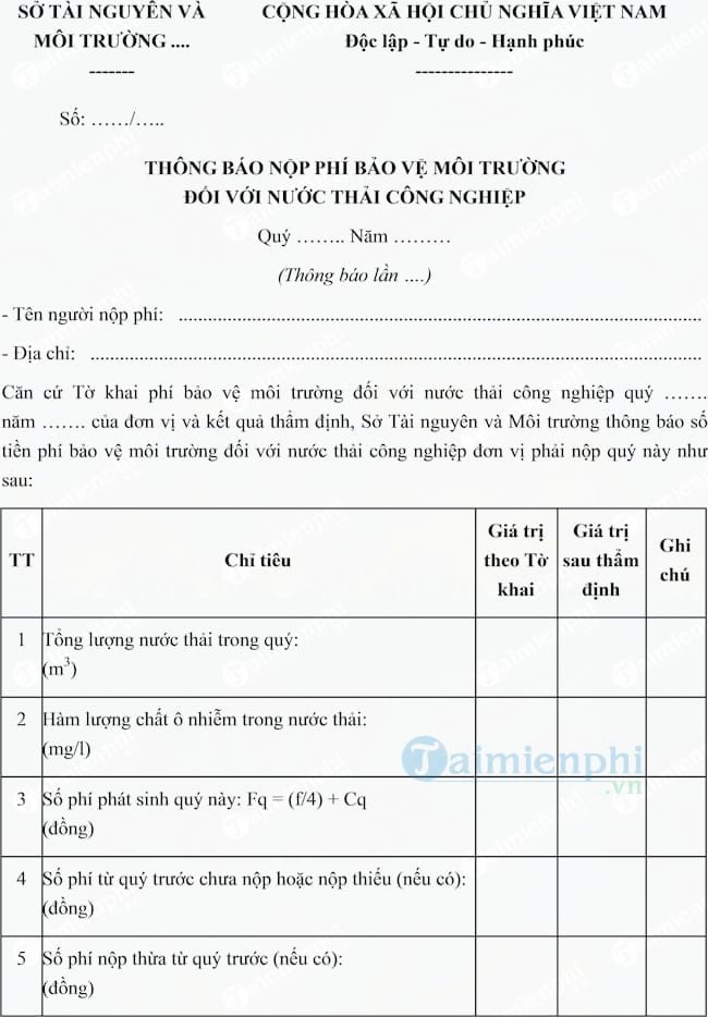 Mẫu thông báo nộp phí bảo vệ môi trường đối với nước thải công nghiệp
