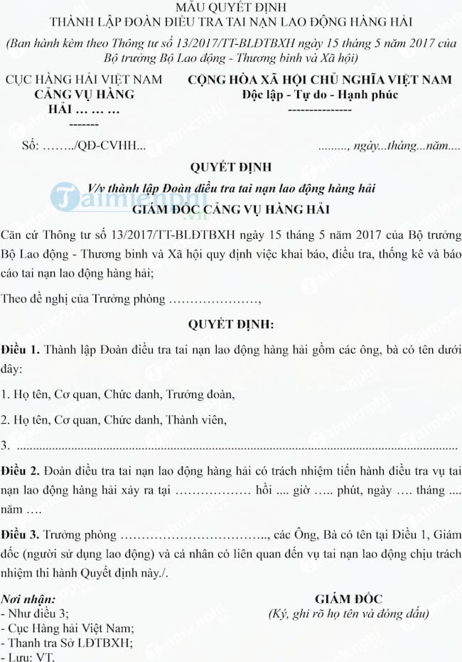 Mẫu quyết định thành lập đoàn điều tra tai nạn lao động hàng hải