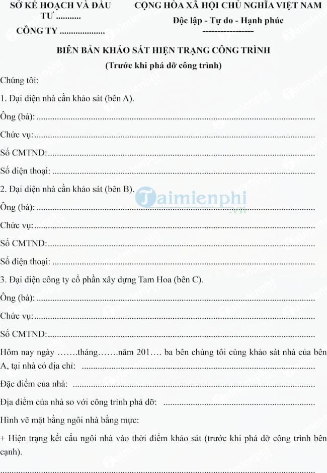 Mẫu biên bản khảo sát hiện trạng công trình