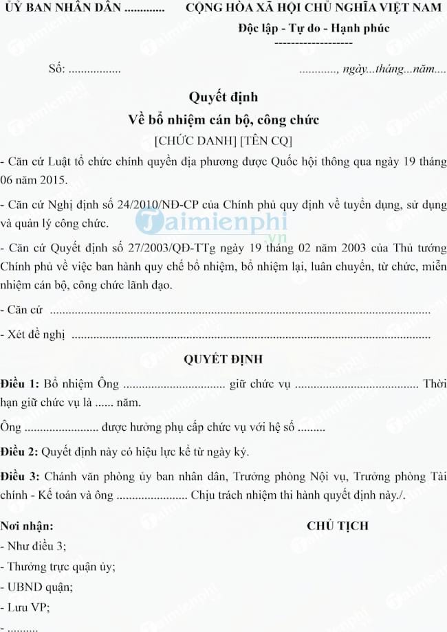 Mẫu quyết định về bổ nhiệm cán bộ, công chức