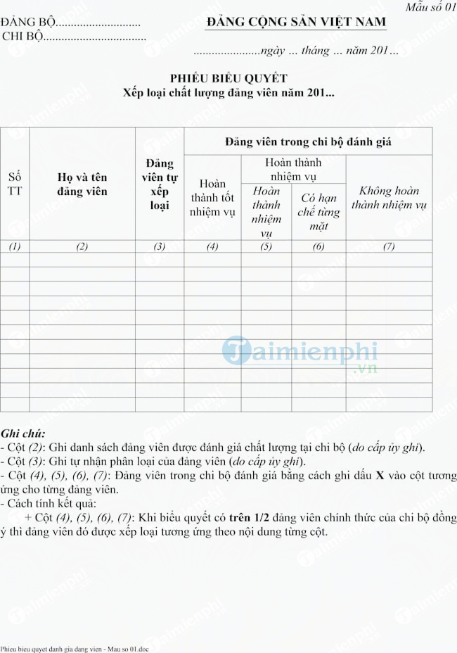 Mẫu phiếu biểu quyết xếp loại chất lượng đảng viên