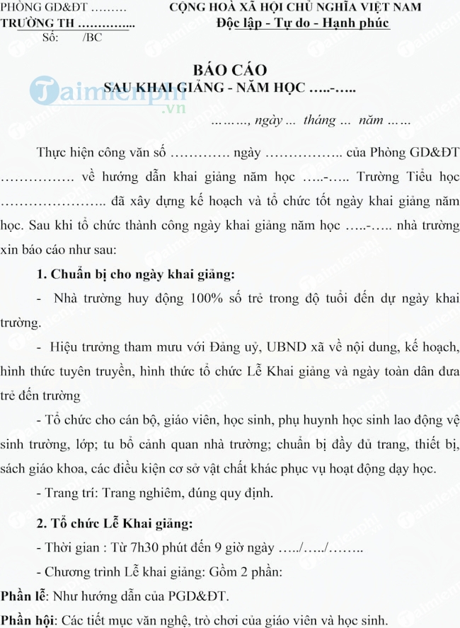 Mẫu báo cáo sau khai giảng năm học mới