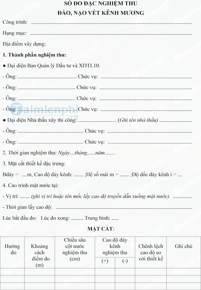 Mẫu sổ đo đạc nghiệm thu đào, nạo vét kênh mương