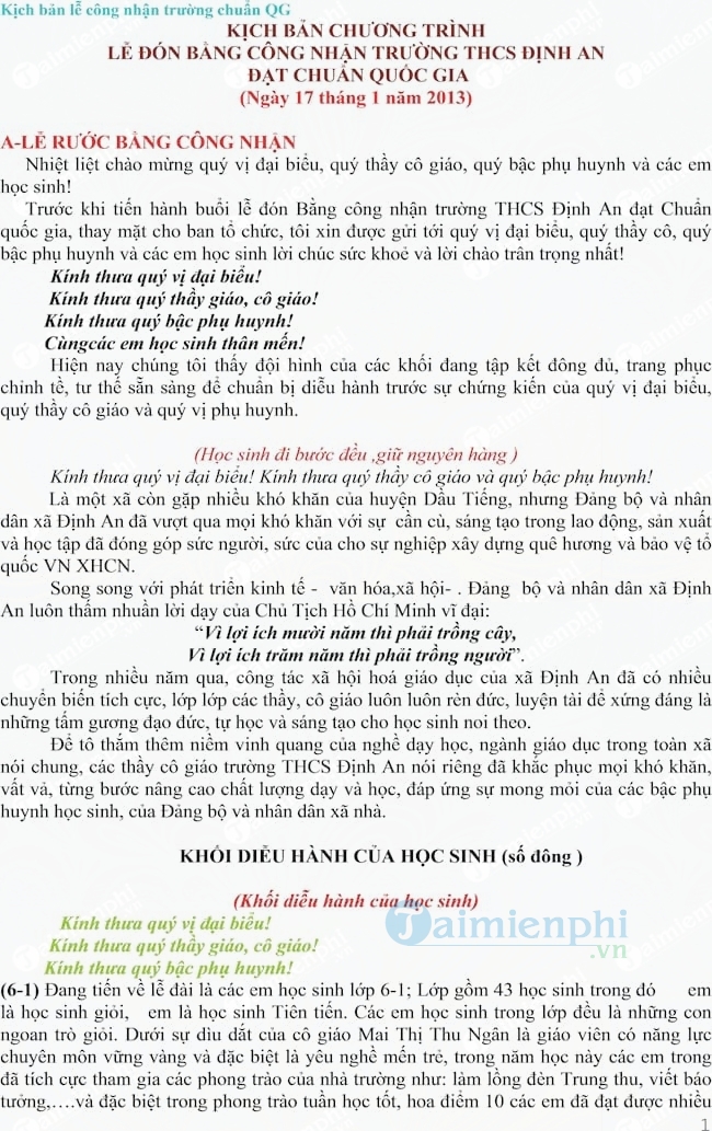 Kịch bản chương trình đón nhận trường đạt chuẩn Quốc gia