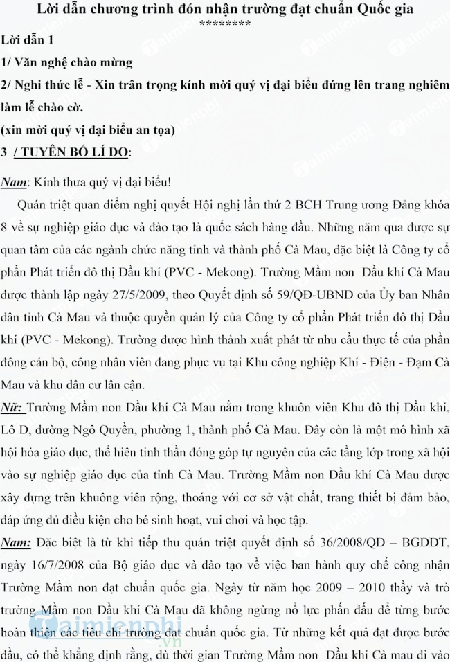 Lời dẫn chương trình đón nhận trường đạt chuẩn Quốc gia