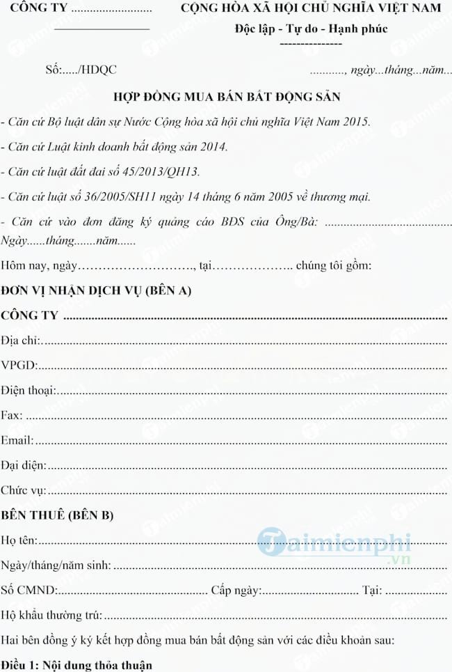 Hợp đồng mua bán bất động sản