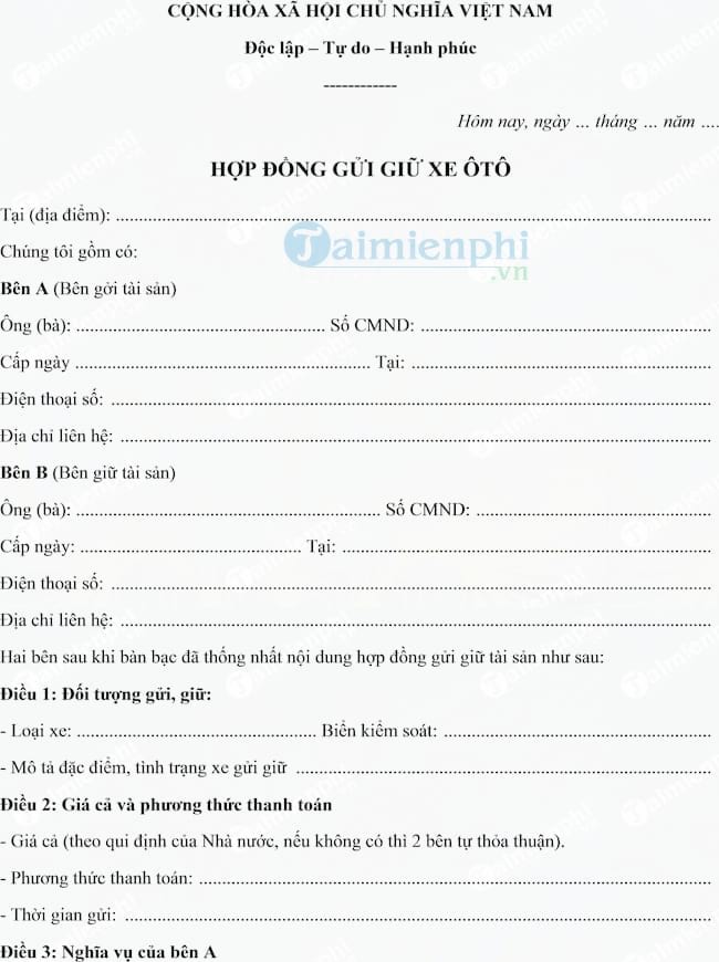 Hợp đồng gửi giữ xe ô tô