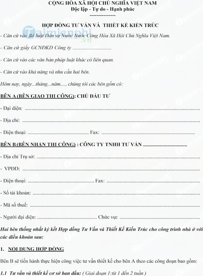 Hợp đồng tư vấn và thiết kế kiến trúc