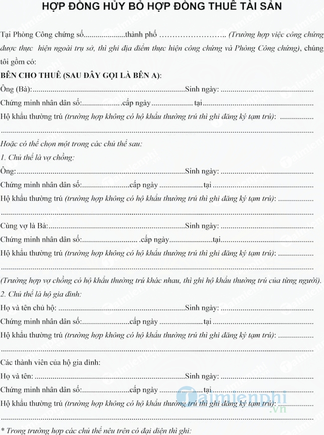 Hợp đồng hủy bỏ hợp đồng thuê tài sản