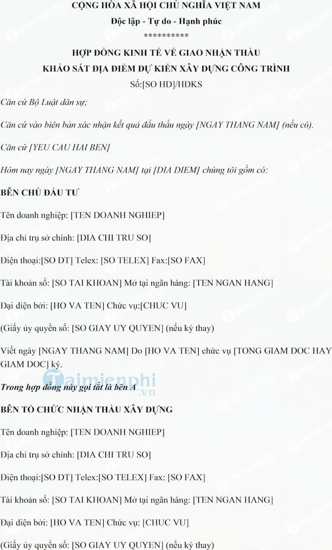 Hợp đồng khảo sát địa điểm dự kiến xây dựng công trình
