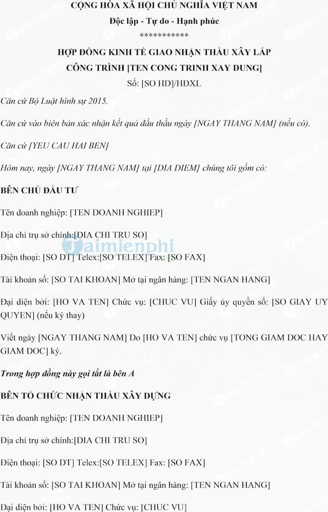 Hợp đồng kinh tế giao nhận thầu xây lắp công trình