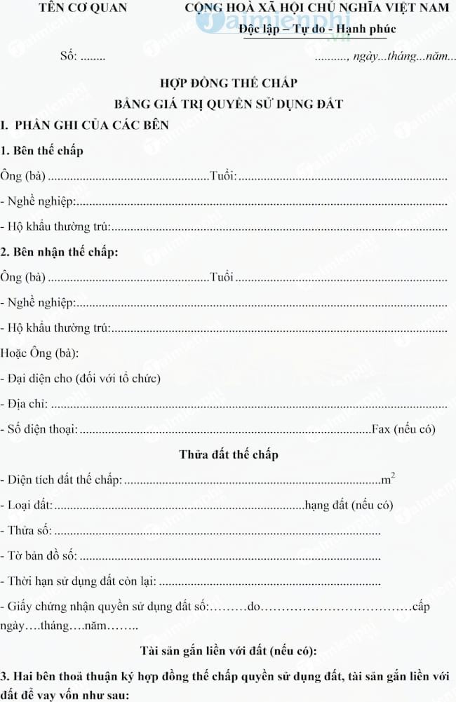 Hợp đồng thế chấp bằng giá trị quyền sử dụng đất
