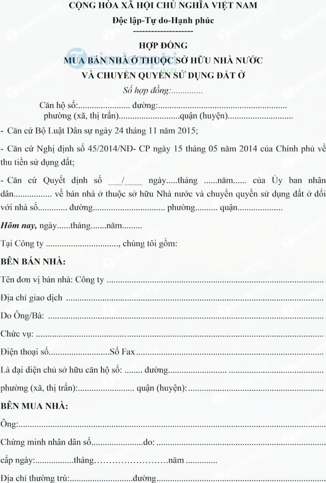 Hợp đồng mua bán và chuyển quyển sử dụng đất ở
