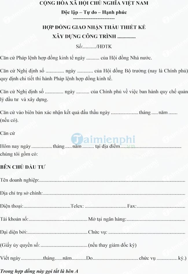 Hợp đồng giao nhận thầu thiết kế xây dựng công trình