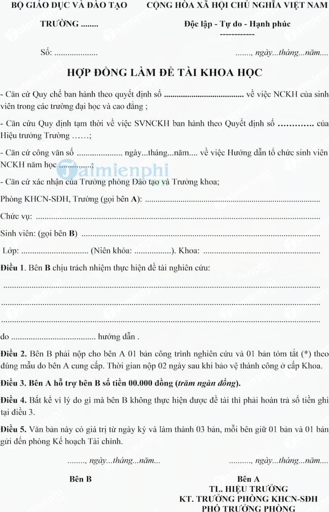 Hợp đồng làm đề tài Khoa học