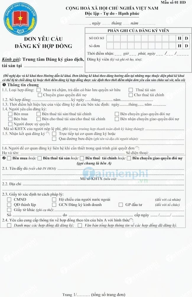 Đơn yêu cầu đăng ký hợp đồng