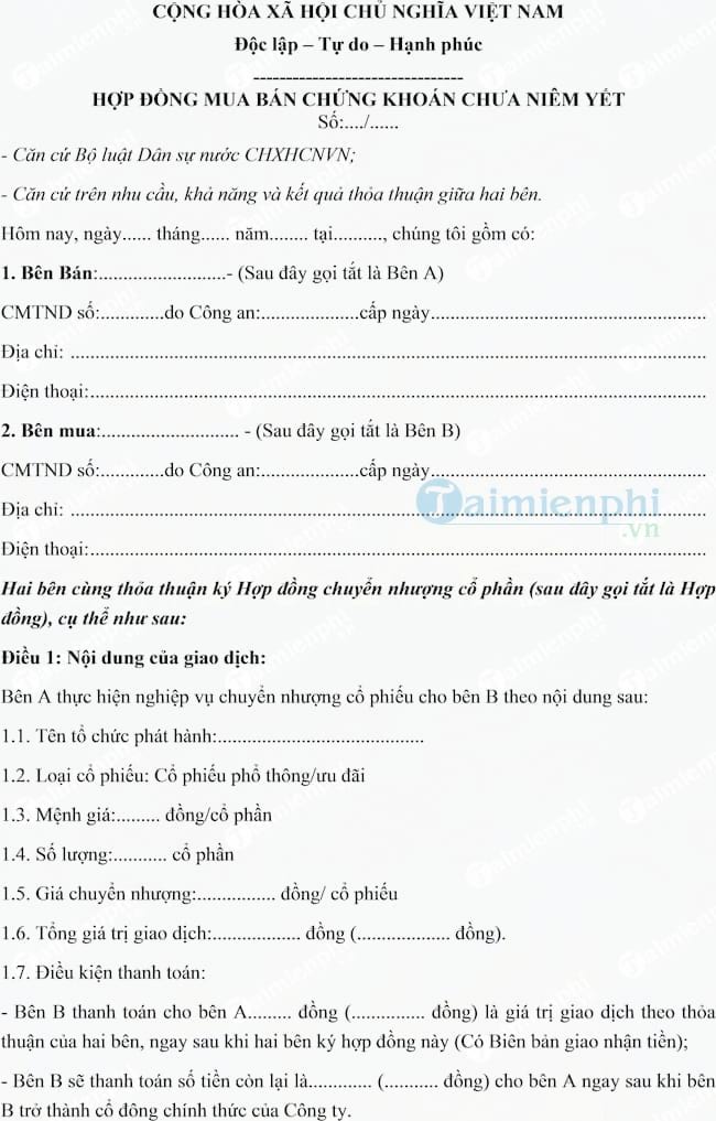 Hợp đồng mua bán chứng khoán chưa niêm yết