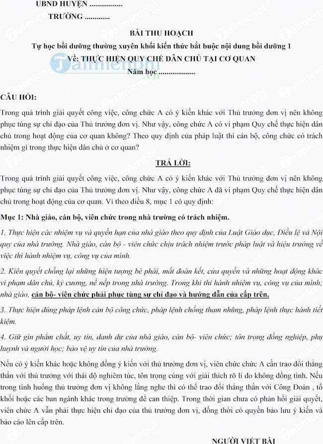 Bài thu hoạch quy chế dân chủ trong trường tiểu học