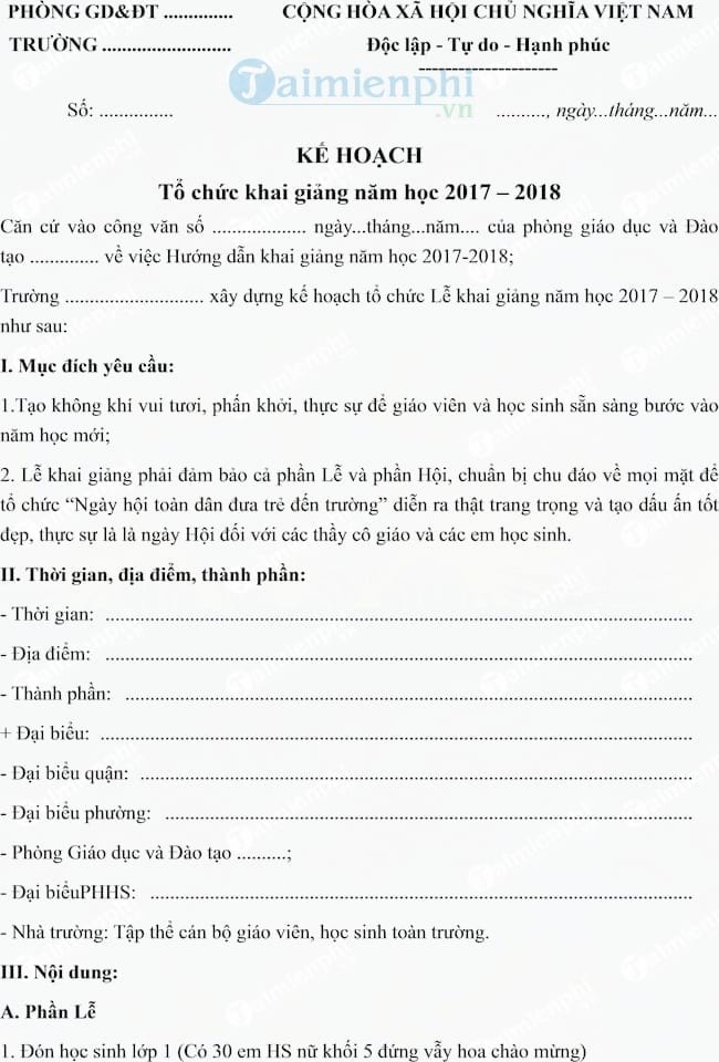 Kế hoạch khai giảng năm học mới 2017-2018