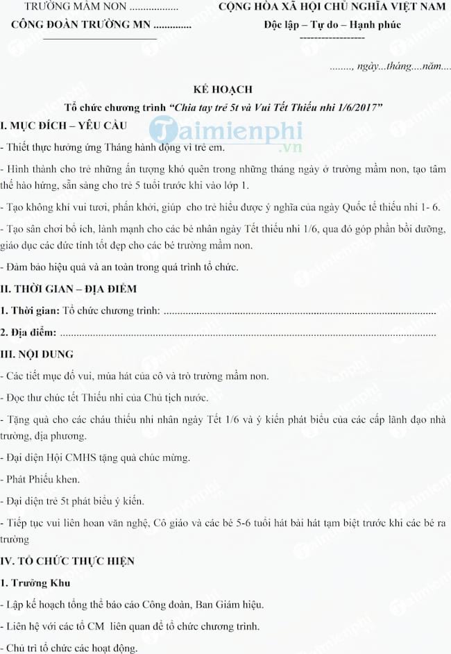 Kế hoạch tổ chức ngày Quốc tế thiếu nhi 1-6