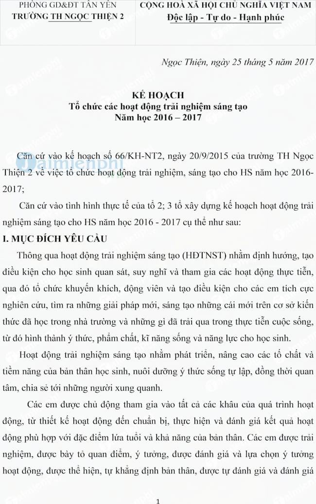 Kế hoạch tổ chức các hoạt động trải nghiệm sáng tạo cấp Tiểu học