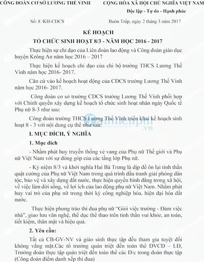 Kế hoạch tổ chức ngày Quốc tế Phụ nữ 8/3