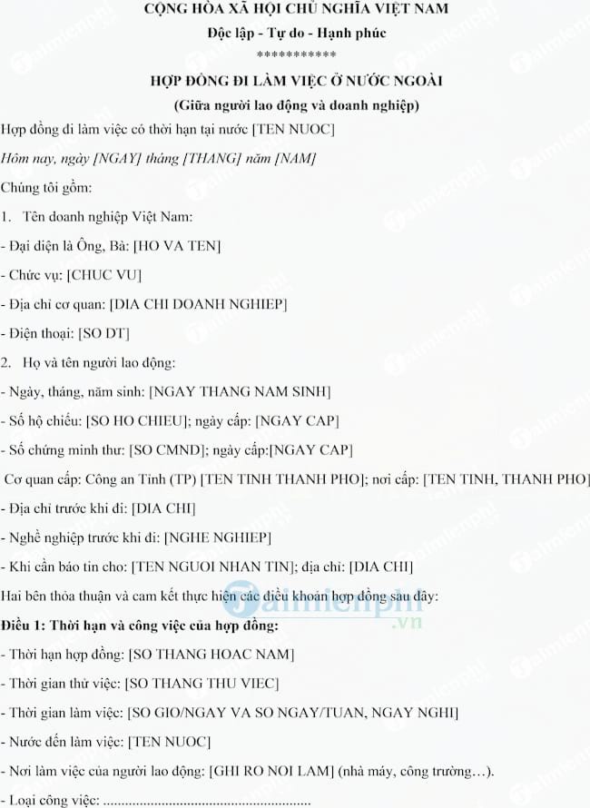 Hợp đồng đưa lao động đi làm việc ở nước ngoài
