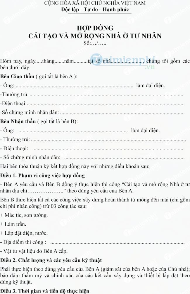 Hợp đồng cải tạo và mở rộng nhà ở tư nhân