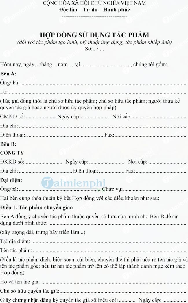 Hợp đồng sử dụng tác phẩm tạo hình, mỹ thuật, nhiếp ảnh