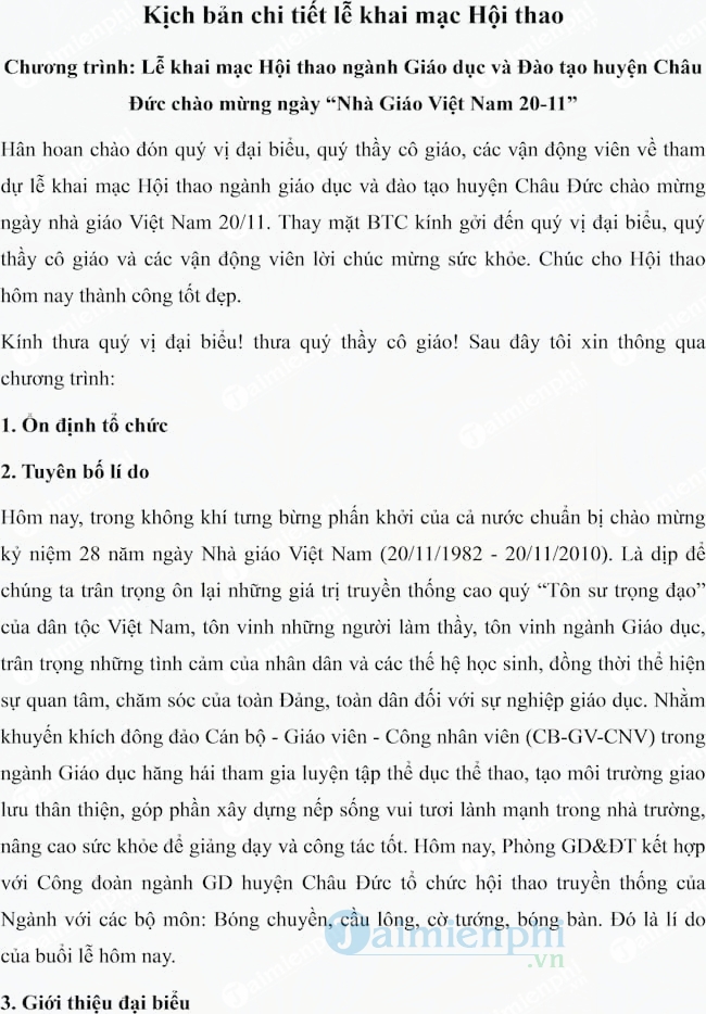 Kịch bản chi tiết lễ khai mạc Hội thao