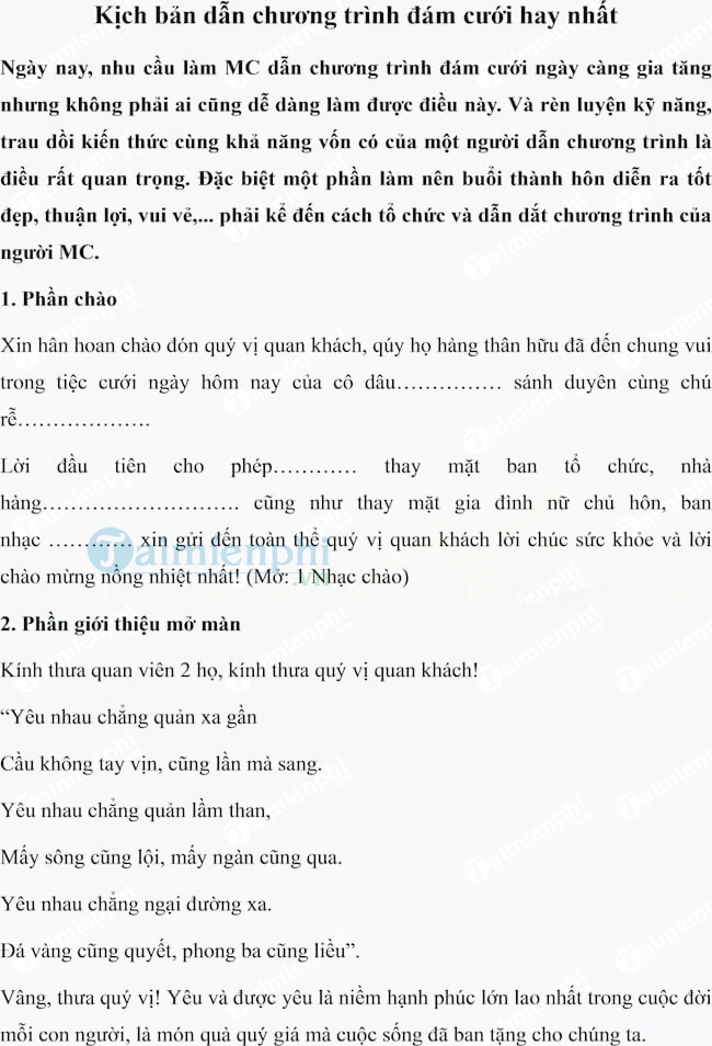 Kịch bản dẫn chương trình đám cưới hay nhất