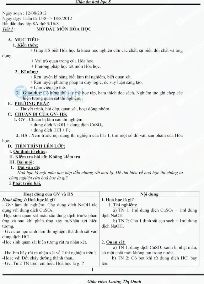 Giáo án Hóa Học 8 cả năm