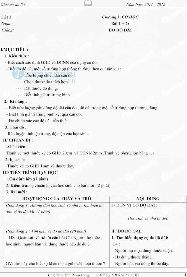 Giáo án Vật Lý 6 cả năm