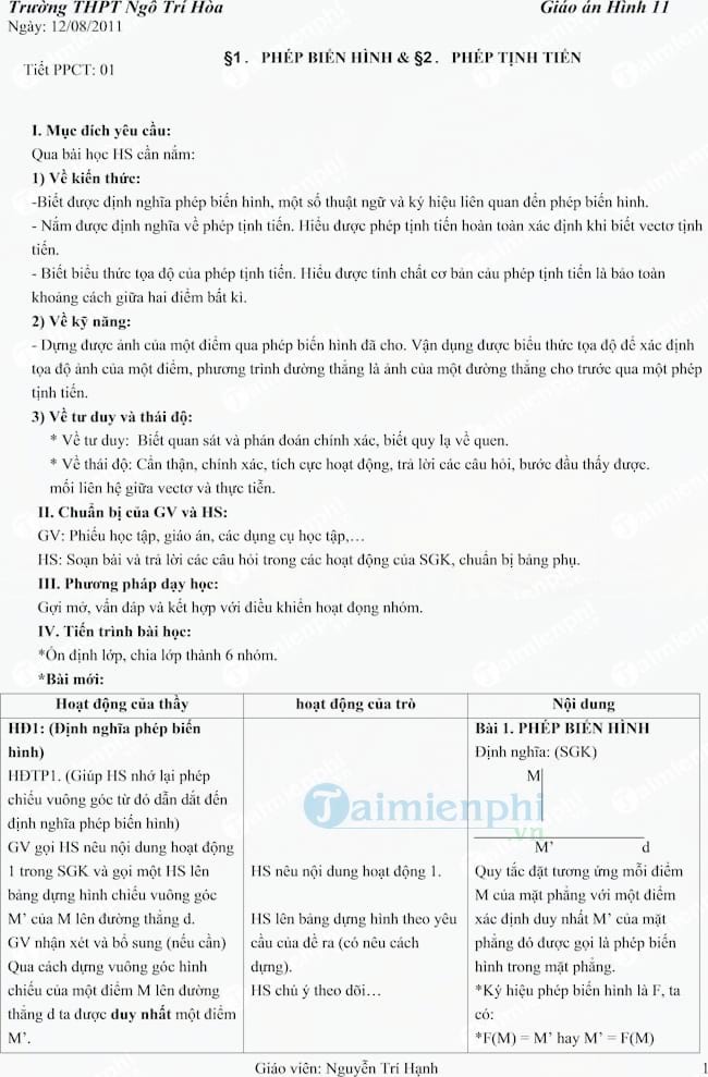 Giáo án Hình Học 11 Cơ bản cả năm