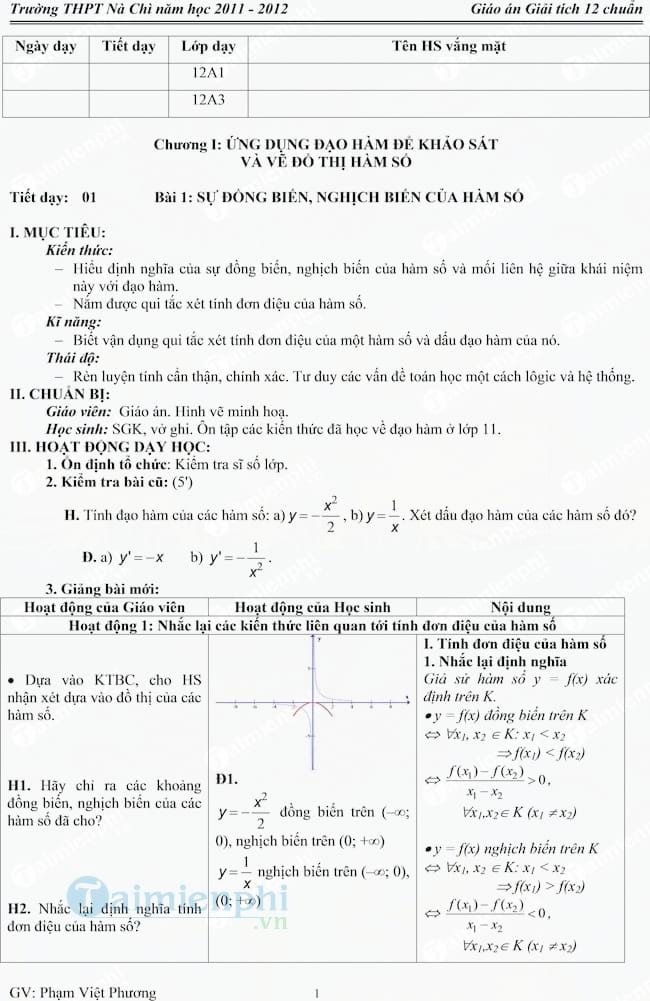 Giáo án Giải tích 12 cả năm