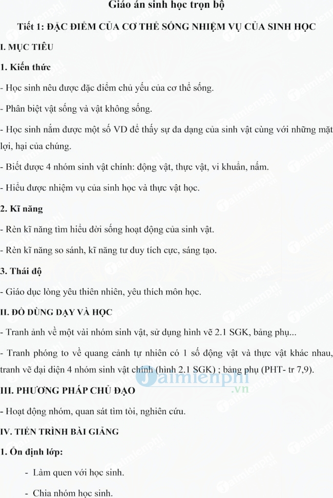 Giáo án Sinh học lớp 6 trọn bộ