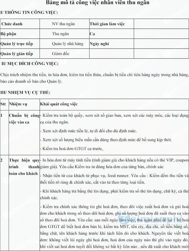 bang mo ta cong viec nhan vien thu ngan