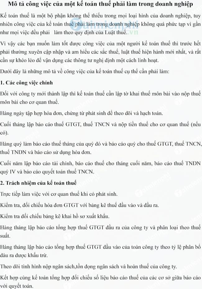 mo ta cong viec cua mot ke toan thue phai lam trong doanh nghiep