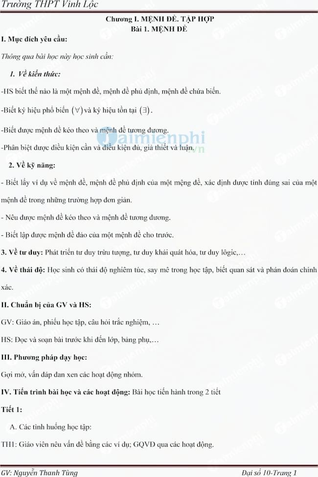 Giáo án Đại số lớp 10