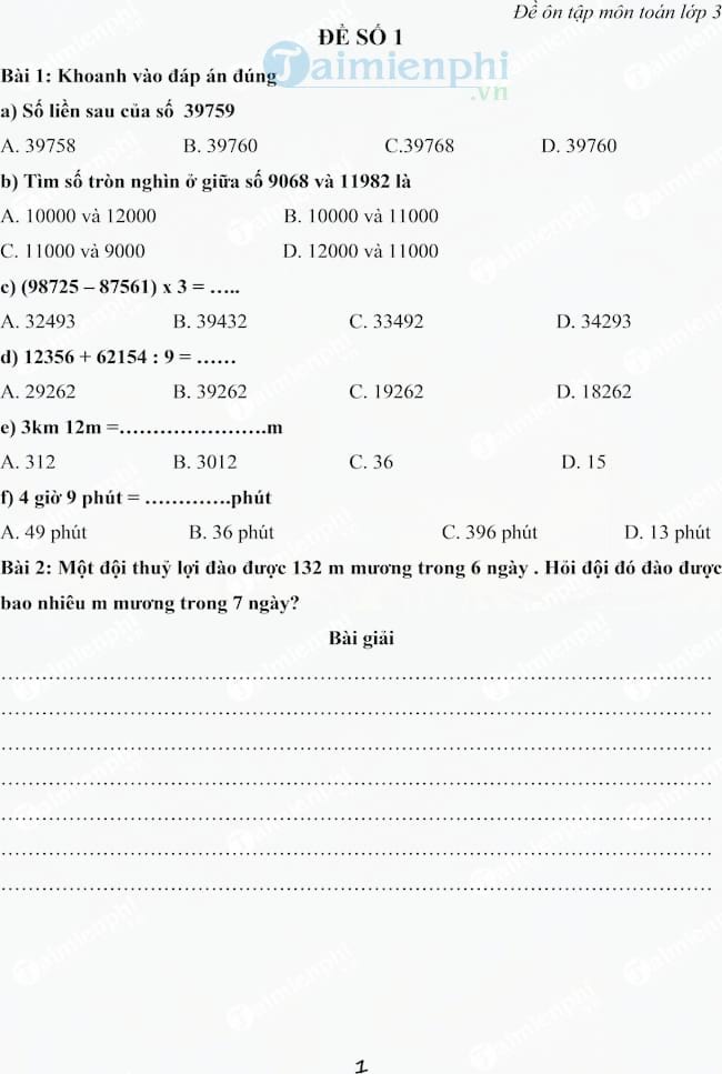 Bộ đề ôn tập môn Toán lớp 3