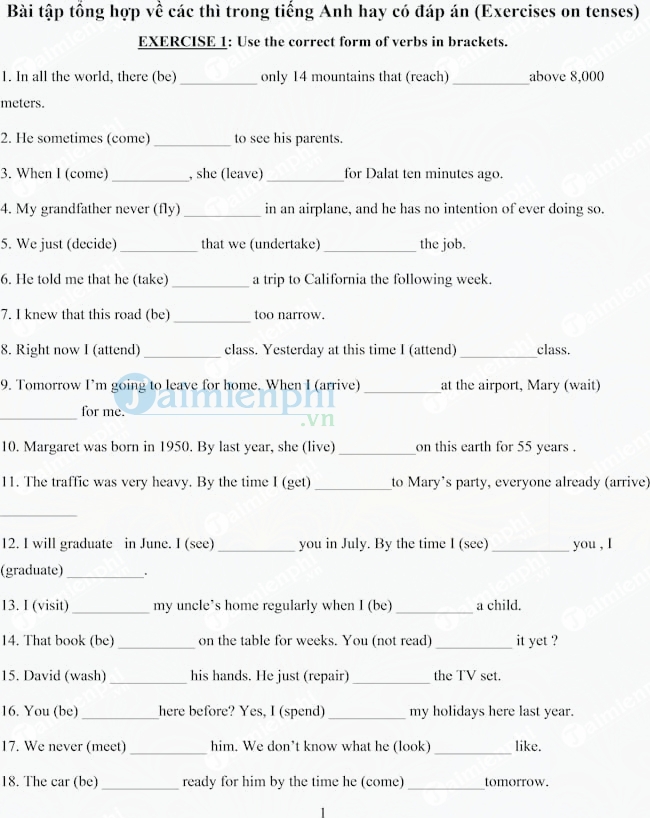 Bài tập tổng hợp về các thì trong tiếng Anh hay có đáp án