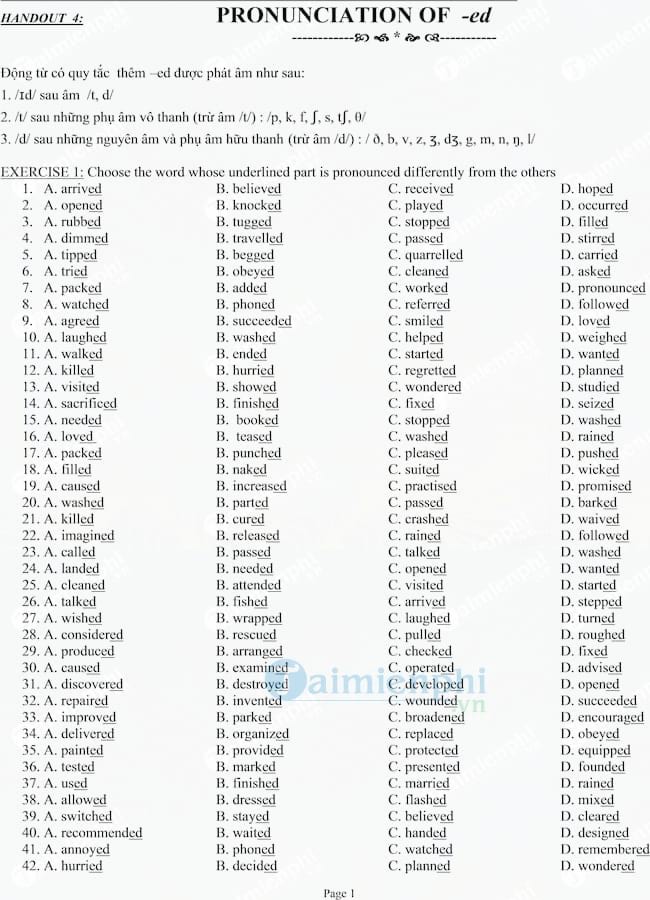 Bài tập trắc nghiệm về cách phát âm ed và s/es