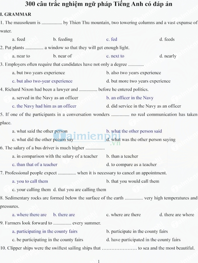 300 câu trắc nghiệm ngữ pháp Tiếng Anh có đáp án