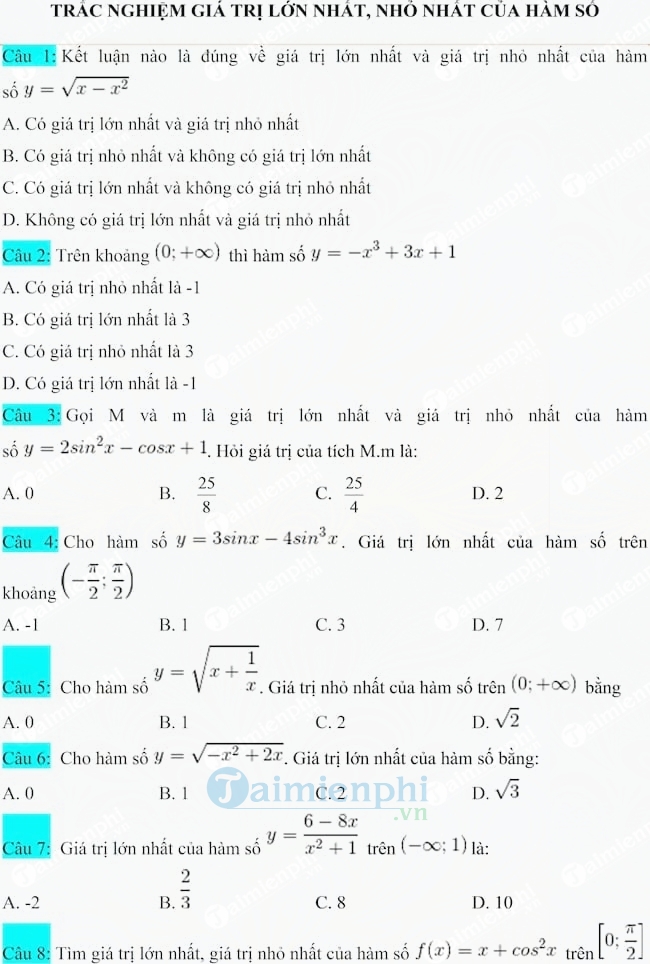 Bài tập trắc nghiệm giá trị lớn nhất, nhỏ nhất của hàm số (Có đáp án)