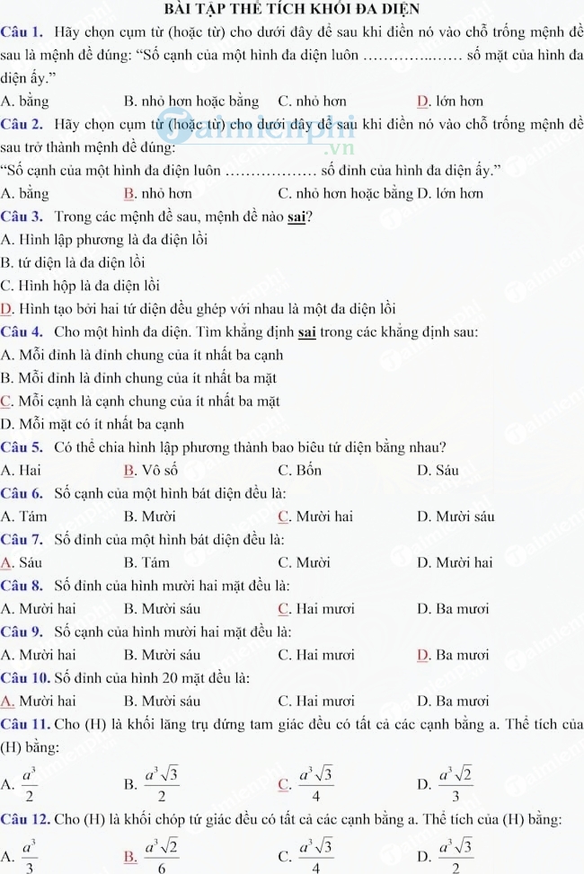 Bài tập trắc nghiệm thể tích khối đa diện (Có đáp án)