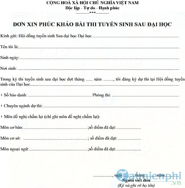 Đơn xin phúc khảo bài thi tuyển sinh sau đại học