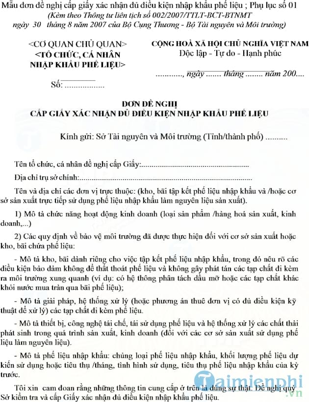 Đơn xin cấp giấy nhập khẩu phế liệu