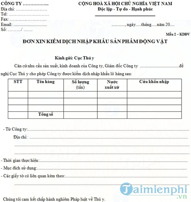 Đơn xin kiểm dịch nhập khẩu thịt động vật