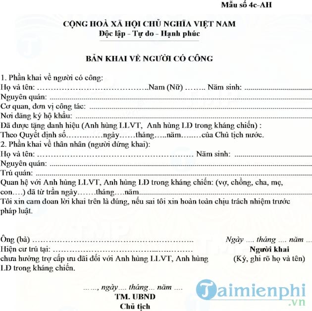 Bản khai người có công với cách mạng